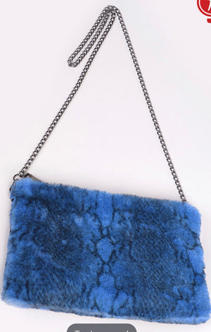 Blue Faux Fur Snakeskin Clutch
