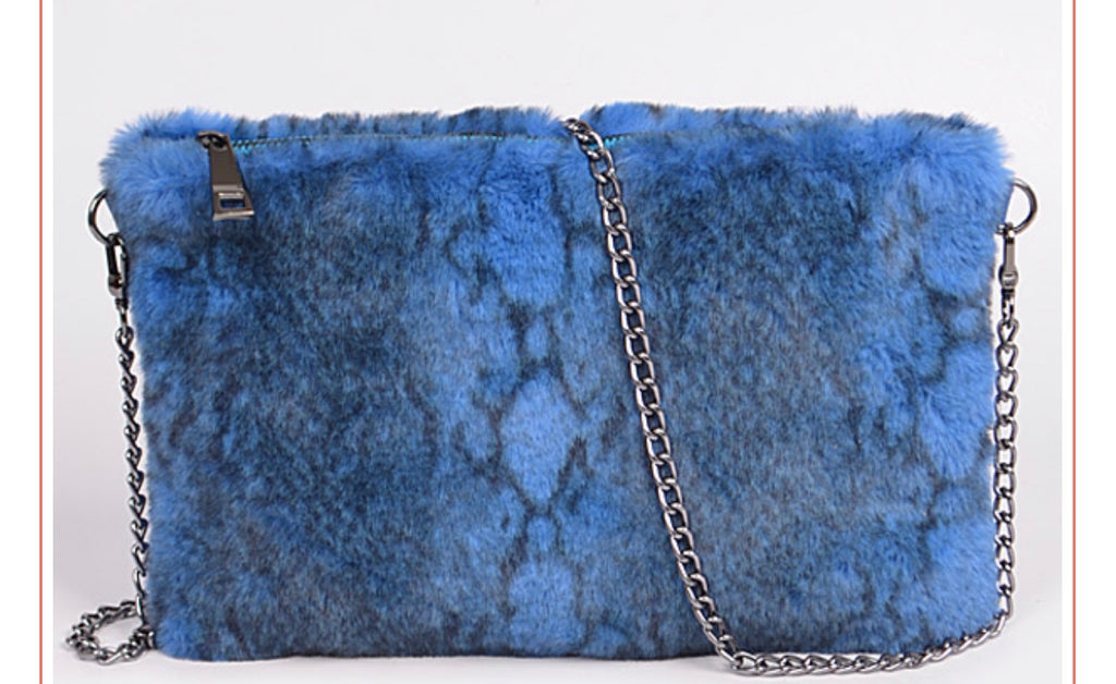 Blue Faux Fur Snakeskin Clutch