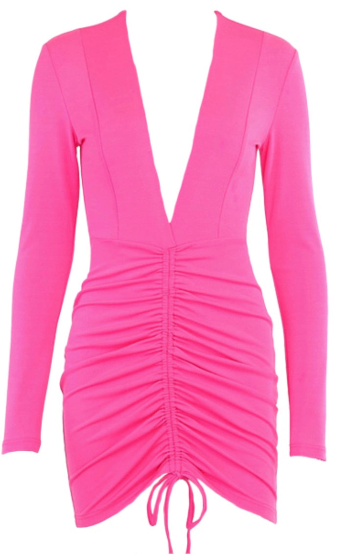 Pink Deep V Runched Dress